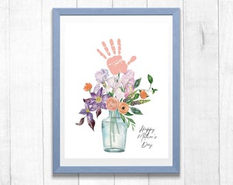 Muttertags-Handabdruck-Handwerk, erstes Muttertagsgeschenk vom Baby, Oma-Geschenk vom Baby, Handabdruck-Kunst, Handabdruck-Blumen, Fußabdruck-Kunst