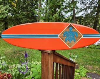 Handmade Orange Turtle Wood Surfboard Wall Decor, 36" Beach Coastal Decor, Can be changed to any Color