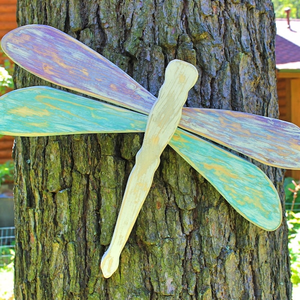 Large Handmade Wood Dragonfly Hanging Garden Wall Art, 21" wide