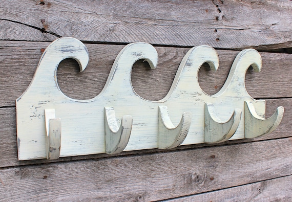 Wave Towel Rack Distressed Wood White Wash Coat 5 Hook Rack, Towel Rack  Beach Decor 