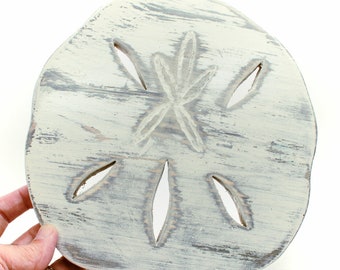 DIstressed Wood White Sand Dollar, Handmade, 12" Free Shipping, Beach Decor, Wall Art