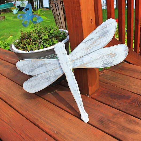 Large Handmade White Wood Dragonfly Hanging Garden Wall Art, 21" wide