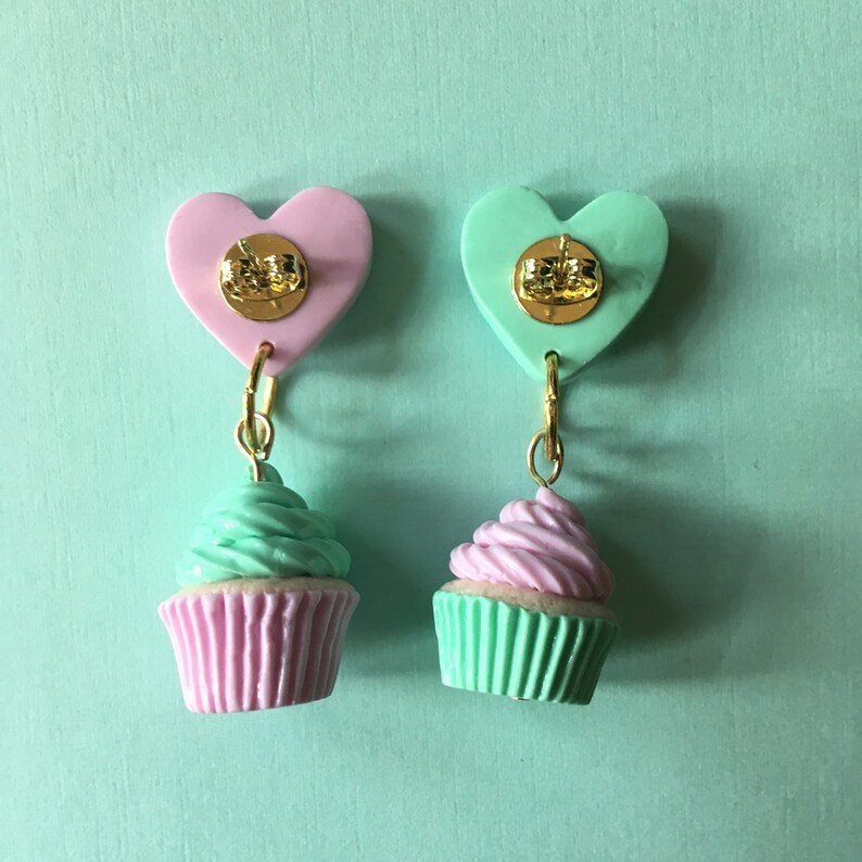 Pink and Mint Green Mix Match Heart Cupcake Stud Earrings Etsy