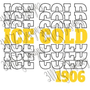 May include: A graphic design featuring the words "ICE COLD" in yellow block letters with a black outline. The words are surrounded by a pattern of black outlined arches and squares. The year "1906" is also included in yellow block letters with a black outline.