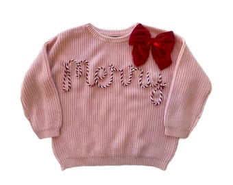 100% Organic Cotton MERRY Candy Cane Sweater (Babies, Toddlers, and Kids) | Yarn Hand Embroidery | Christmas | Washable Cashmere | Holiday