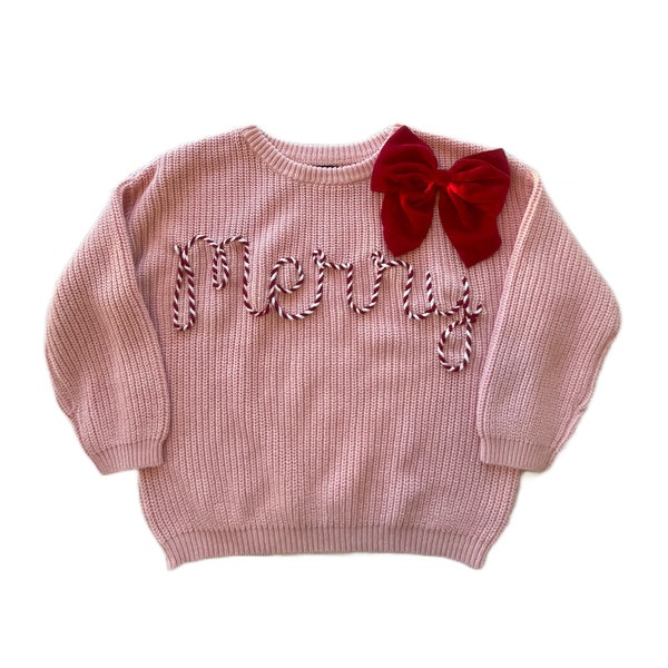 100% Organic Cotton MERRY Candy Cane Sweater (Babies, Toddlers, and Kids) | Yarn Hand Embroidery | Christmas | Washable Cashmere | Holiday