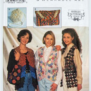 May include: Simplicity Accessories & Wearable Art sewing pattern. The pattern includes designs for crocheted vests, bags, and a clutch. The cover shows three women modeling the wearable art. The pattern includes sizes A, S, M, and L.