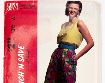 McCall's Sewing Pattern 5924, Easy Stitch 'N Save, Misses' Top, Shorts, Size A 8-10-12-14, UNCUT (factory folded), Year 1992
