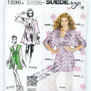 May include: A Simplicity sewing pattern for a women's top with a floral print and a tie at the waist. The pattern is called "Suede Says" and the pattern number is 1896A. The pattern is available in sizes XXS-XXL.