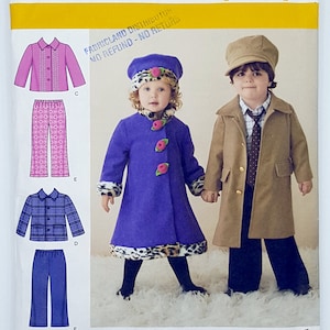 May include: Simplicity sewing pattern number 2526 for sizes 1/2, 1, 2, 3, and 4. The pattern includes instructions for making a purple coat with a leopard print trim, a brown coat, a pink shirt and pants, and a blue shirt and pants. The pattern also includes instructions for making a hat.