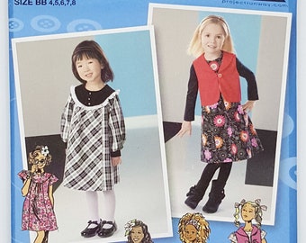 2000s UNCUT Simplicity Sewing Pattern 2157 Childrens Girls Sleeveless Short Long Sleeves Dress Jumper Yoke Vest Size 12,1,2,3