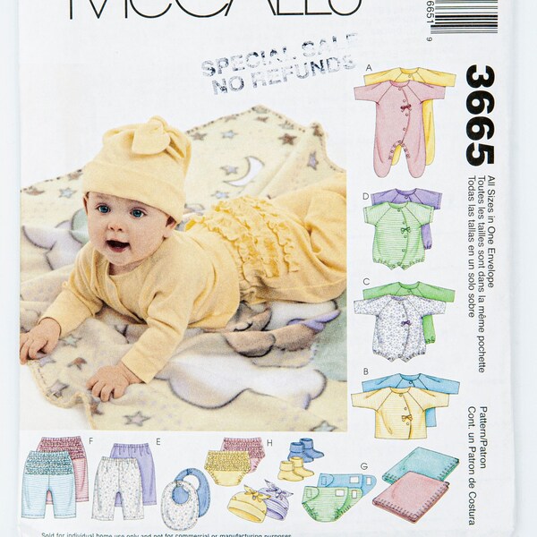 McCall's Sewing Pattern 3665, Infants' Coverall, Top, Bodysuit, Pants, Diaper Cover, Blanket, Booties, Hat, All Sizes Inc., UNCUT, Year 2003