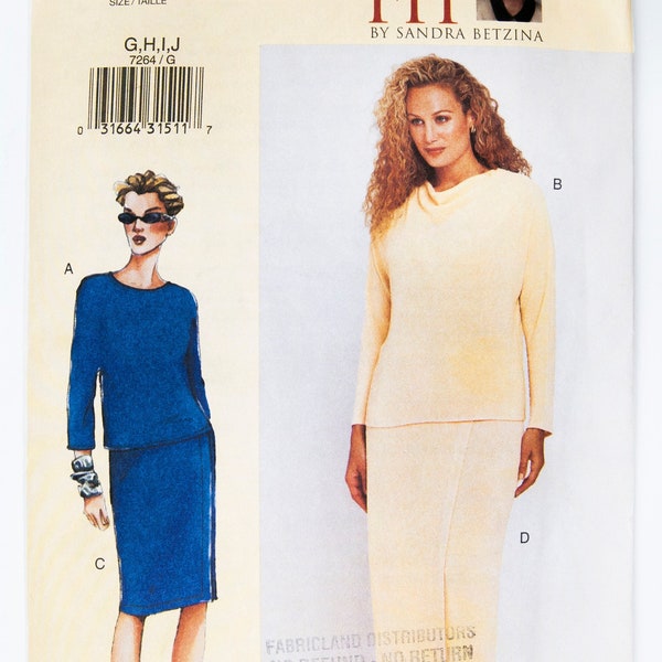 Vogue Sewing Pattern 7264, Misses' Top, Skirt, by Sandra Betzina, Size G,H,I,J, Bust 46"-48"-50"-52", UNCUT (factory folded), Year 2001