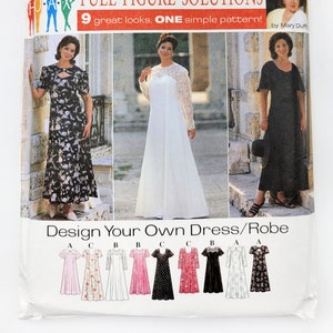 May include: A sewing pattern for a dress or robe with nine different design variations. The pattern is for full figure solutions and includes a white dress with lace sleeves, a black dress with short sleeves, and a floral print dress with short sleeves. The pattern is from Simplicity and is number 7163.