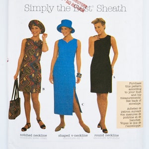 May include: A sewing pattern for a sheath dress with three different neckline options: notched, shaped v-neck, and round. The pattern includes instructions for a matching hat. The pattern is for sizes 12, 14, and 16. The pattern is from Simplicity.