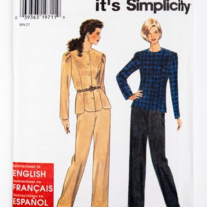May include: A sewing pattern for a two-piece outfit. The pattern includes a jacket and pants. The jacket has a button-up front and a belt. The pants are straight-leg. The pattern is for sizes 8, 10, 12, 14, 16, and 18. The pattern is from Simplicity and is called "It's So Easy, It's Simplicity".