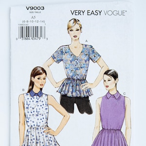 Vogue Sewing Pattern 9003, Misses&#39; Top, Easy to Sew, Size 6-8-10-12-14, UNCUT (factory folded), Year 2014