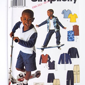 May include: A sewing pattern for boys' clothing, featuring a variety of tops, shorts, and pants. The pattern includes a blue and white striped shirt, a yellow shirt, a blue vest, a blue and white patterned vest, a blue jacket, a red and white striped shirt, a black and white striped shirt, a pair of blue shorts, a pair of black shorts, and a pair of khaki cargo pants. The pattern is from Simplicity and is designed by Karen Z.