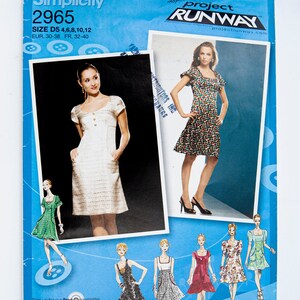 May include: Simplicity sewing pattern number 2965, inspired by Project Runway, for a dress with a variety of styles. The pattern includes sizes D5 4, 6, 8, 10, 12, EUR 30-38, FR 32-40. The pattern shows a white dress with a crocheted texture, a green dress with a floral print, and a red dress with a solid colour.