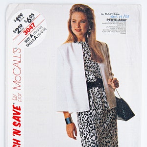 Patrón de costura de McCall 3047, Stitch n&#39; Save, chaqueta y vestido forrados de Misses, patrón vintage, talla A (10-12-14), SIN CORTAR, año 1987