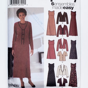 May include: Simplicity sewing pattern number 5858 for six ensembles made easy. The pattern includes a long dress with a tie at the neck and a variety of jackets and tops.