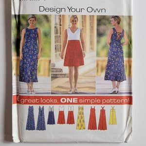 May include: Simplicity sewing pattern number 7651, "Design Your Own", for a sleeveless dress with a variety of strap options. The pattern includes instructions for creating a dress with a scoop neck, a V-neck, and a criss-cross back.