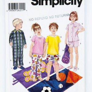 May include: A sewing pattern for children's pyjamas with a 'Simplicity' logo and the text 'No Refund No Returns'. The pattern includes a plaid pyjama set, a pink pyjama set with butterfly print trousers, a yellow pyjama set with a sailboat print, and a striped pyjama set. The pattern also includes a sleeping bag with a purple butterfly design and a blue sleeping bag with a football design.