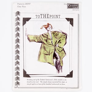 May include: A sewing pattern envelope titled TO THE POINT by The Cutting Line Designs, pattern 50397, one size. The cover features a sketch of a person wearing a lime green coat with large pockets, dark trousers, and a hand raised against a wall.