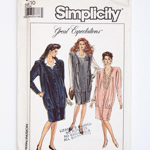May include: Simplicity sewing pattern number 8926, Great Expectations, size 10, EU 38. The pattern shows three women wearing different styles of dresses. The dresses are all knee-length and have a button-up front. The pattern is printed on white paper with black text.