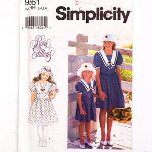 Wzór do szycia Simplicity 9561, rzadkie edycje, sukienka dziewczęca, czapka, wzór vintage, rozmiary 3,4,5,6, NIEPOCIĘTY (składany fabrycznie), rok 1995