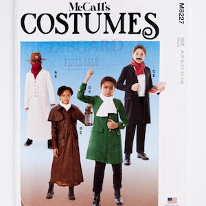 Può includere: Modello di cucito McCall's Costumes per costumi da bambini. Il modello include tre costumi diversi: un costume da gentiluomo coloniale bianco, un costume da dama coloniale marrone e un costume da gentiluomo coloniale verde. Il modello è per le taglie 7-8, 10-12 e 14.