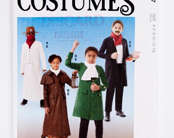 May include: McCall's Costumes sewing pattern for children's costumes. The pattern includes three different costumes: a white colonial gentleman's costume, a brown colonial lady's costume, and a green colonial gentleman's costume. The pattern is for sizes 7-8, 10-12, and 14.
