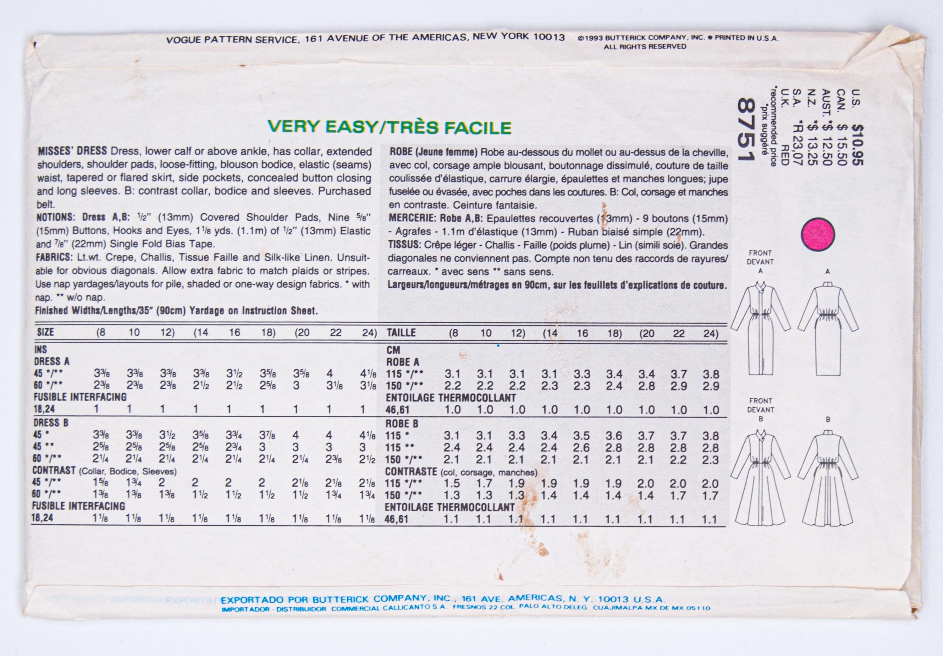 Vogue Sewing Pattern 8751, Misses' Dress, Vintage Pattern, Easy to Sew ...