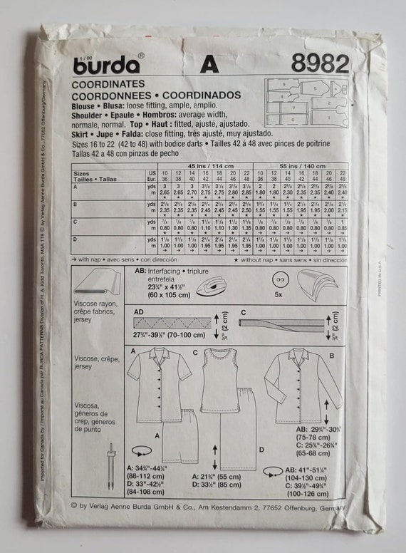 Burda Sewing Pattern 8982, Easy to Sew, Misses' Top, Jacket, Skirt, Size 10-22, UNCUT (factory folded), Year 2000 Burda Sewing Pattern 8982, Easy to Sew, Misses' Top, Jacket, Skirt, Size 10-22, UNCUT (factory folded), Year 2000