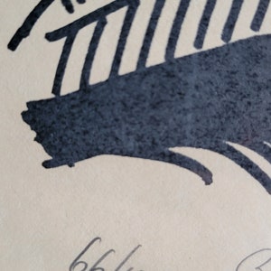 May include: Abstract art print featuring a dark blue, stylized feather design against a cream background. The print is numbered 66/100, indicating a limited edition. The artwork has a minimalist aesthetic.