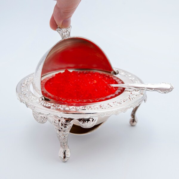 Vintage Roll-Top Caviar / Butter Dish, with Glass Insert Plate and Small Teaspoon, Made in England