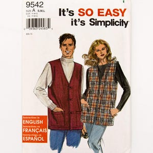 May include: A vintage sewing pattern with illustrations of a man and woman wearing vests. The pattern includes the text "It's SO EASY it's Simplicity" and instructions in English, French, and Spanish. The vests are in burgundy and plaid.