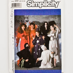 May include: Simplicity sewing pattern for Halloween costumes. The pattern features various costume designs, including devil, witch, and ghost outfits. The package is white with blue accents and the text "EASY TO SEW".