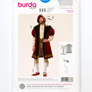 May include: A Burda Style sewing pattern for a Renaissance costume. The pattern features a full-length illustration of a man in a red and black velvet coat, white shirt, and breeches. Includes diagrams and text in English.