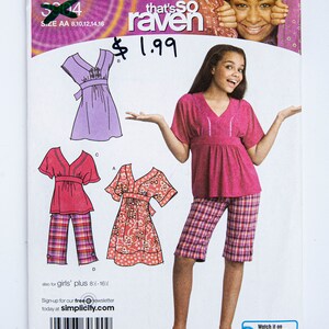 May include: Simplicity sewing pattern for "That's So Raven" designs. The pattern shows illustrations of outfits, including a pink top and plaid shorts. The price is marked as $1.99. Sizes AA 8, 10, 12, 14, 16.