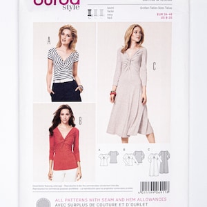 Op de afbeelding: Burda Style naaipatroon nummer 6911 voor een shirt en een jurk met een geknoopte halslijn. Het patroon bevat drie verschillende aanzichten: een shirt met korte mouwen, een shirt met lange mouwen en een jurk. Het patroon is verkrijgbaar in de maten EUR 34-46 en US 8-20.