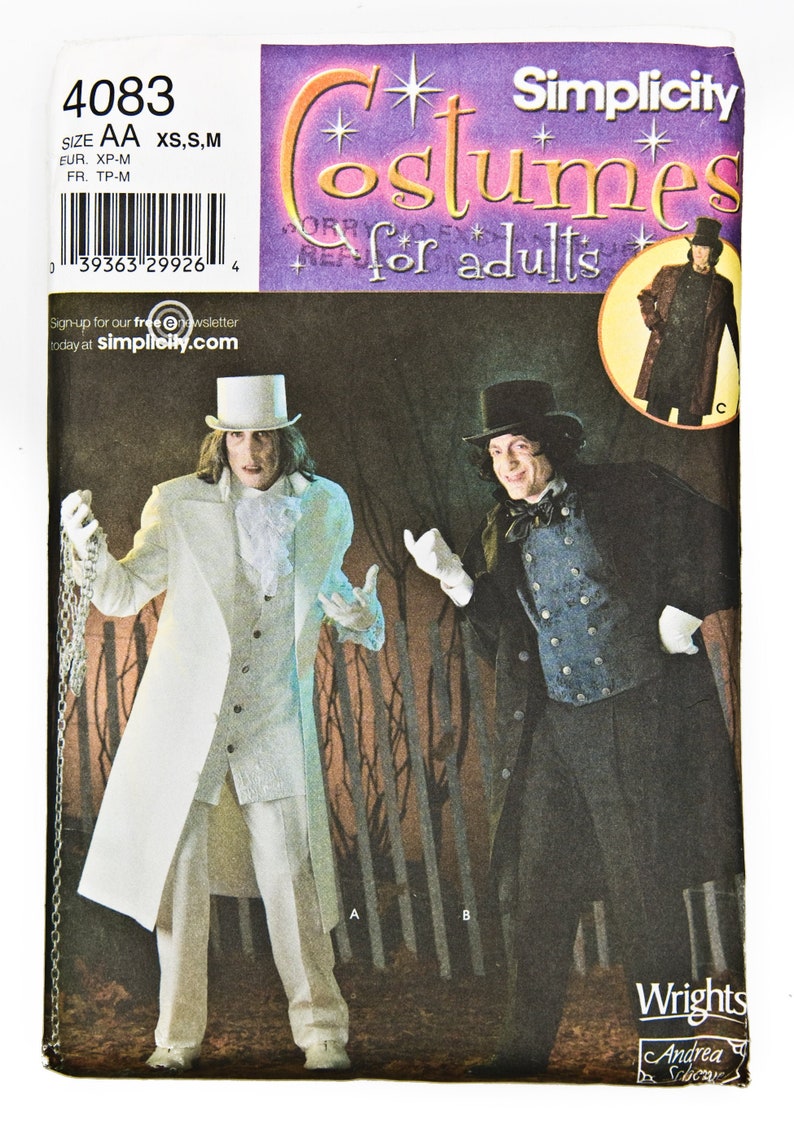 Cape Dracula Simplicity Costumes Sewing Pattern 4083 UNCUT Size AA XS,S,M Scrooge Men/'s Halloween Costume Coachman 2008 Hat Coat