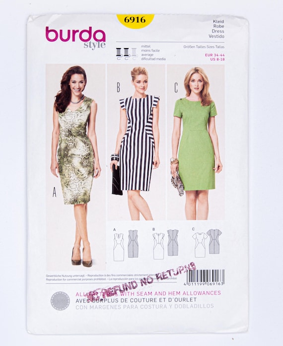 Burda Style Sewing Pattern 6916, Misses' Dress, Size 8-18, UNCUT (factory  folded), Year 2014