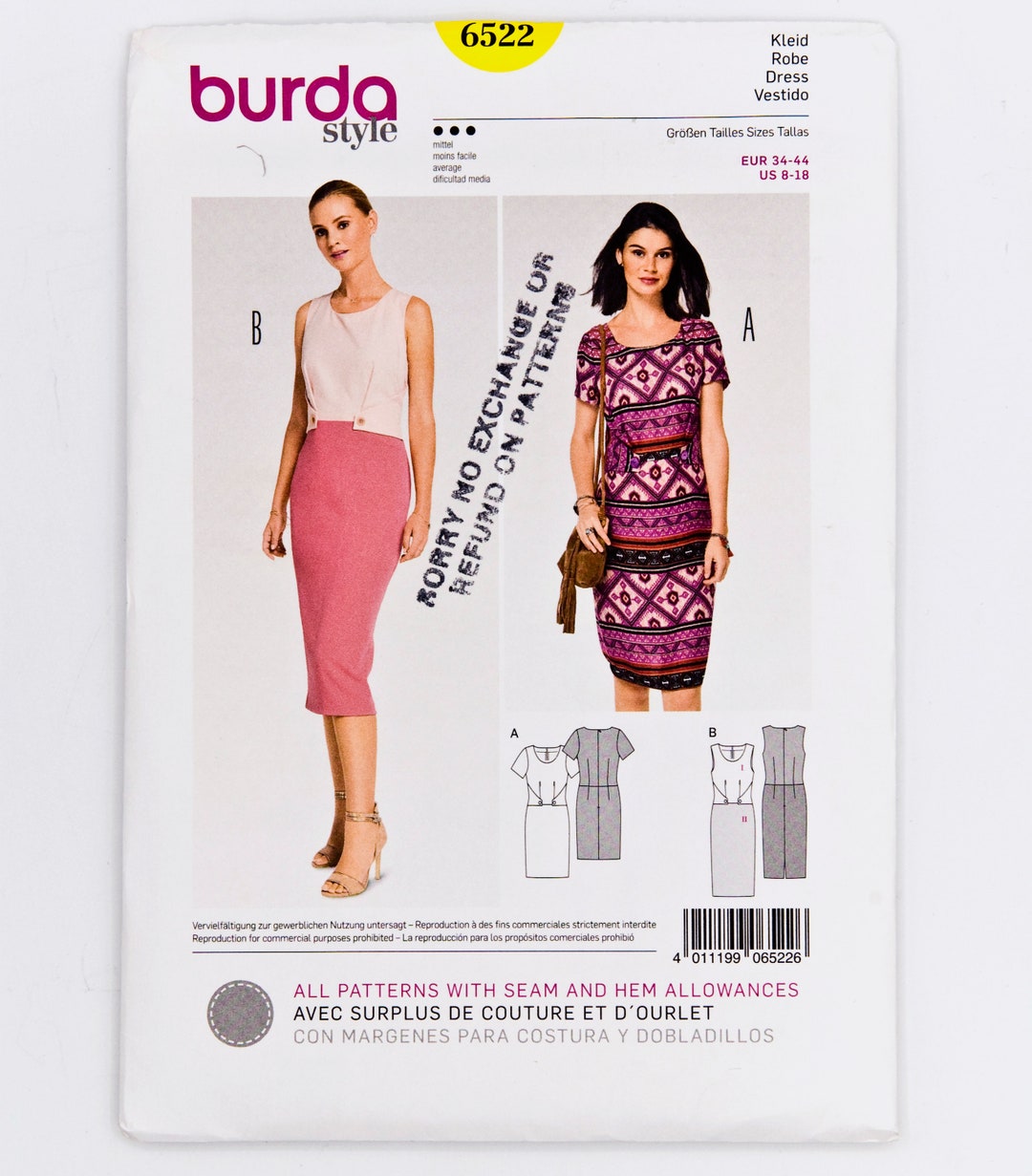 Burda Sewing Pattern 6522, Misses' Dress, Vintage Pattern, Size 8-18 ...