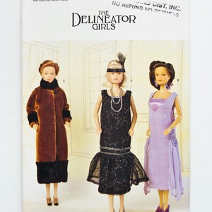 May include: A vintage Butterick sewing pattern with three dolls dressed in 1920s-style outfits. The pattern cover displays the text "6798 Butterick" and "The Delineator Girls". The dolls are wearing a brown coat, a black dress, and a lilac dress.
