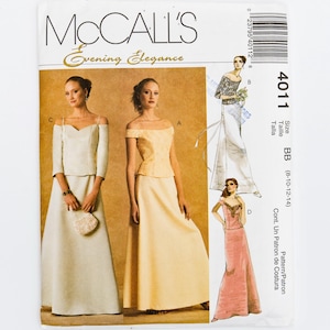 Pode incluir: Padrão de costura McCall's Evening Elegance. O padrão apresenta ilustrações de vestidos de noite e roupas formais. O número do padrão é 4011 e o tamanho é BB (8-10-12-14).