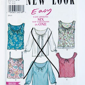 May include: A sewing pattern labelled "New Look 6976" showing six top variations. The pattern includes tops with floral, paisley, and solid colour designs. The size range is A 8-18, EUR 34-44, and FR 36-46. The word "Easy" is written in pink cursive.