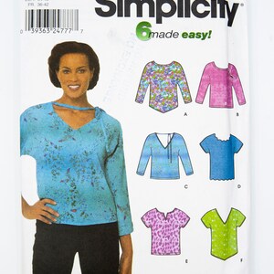 May include: Simplicity sewing pattern 9625 for sizes 8, 10, 12, and 14. The pattern includes instructions for making six different tops with a variety of necklines and sleeve lengths. The tops are shown in a variety of colours and patterns, including floral, pink, blue, and leopard print.