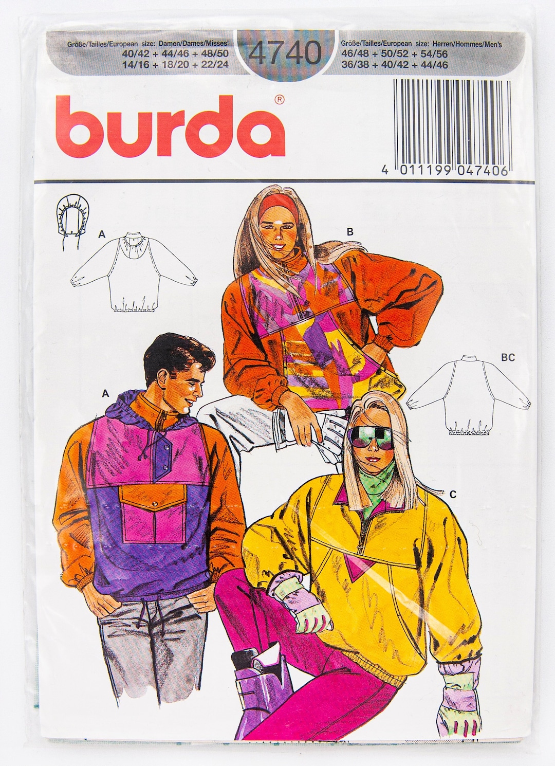 Burda Sewing Pattern 4740, Misses'/men's Hoodie, Size 4042, CUT