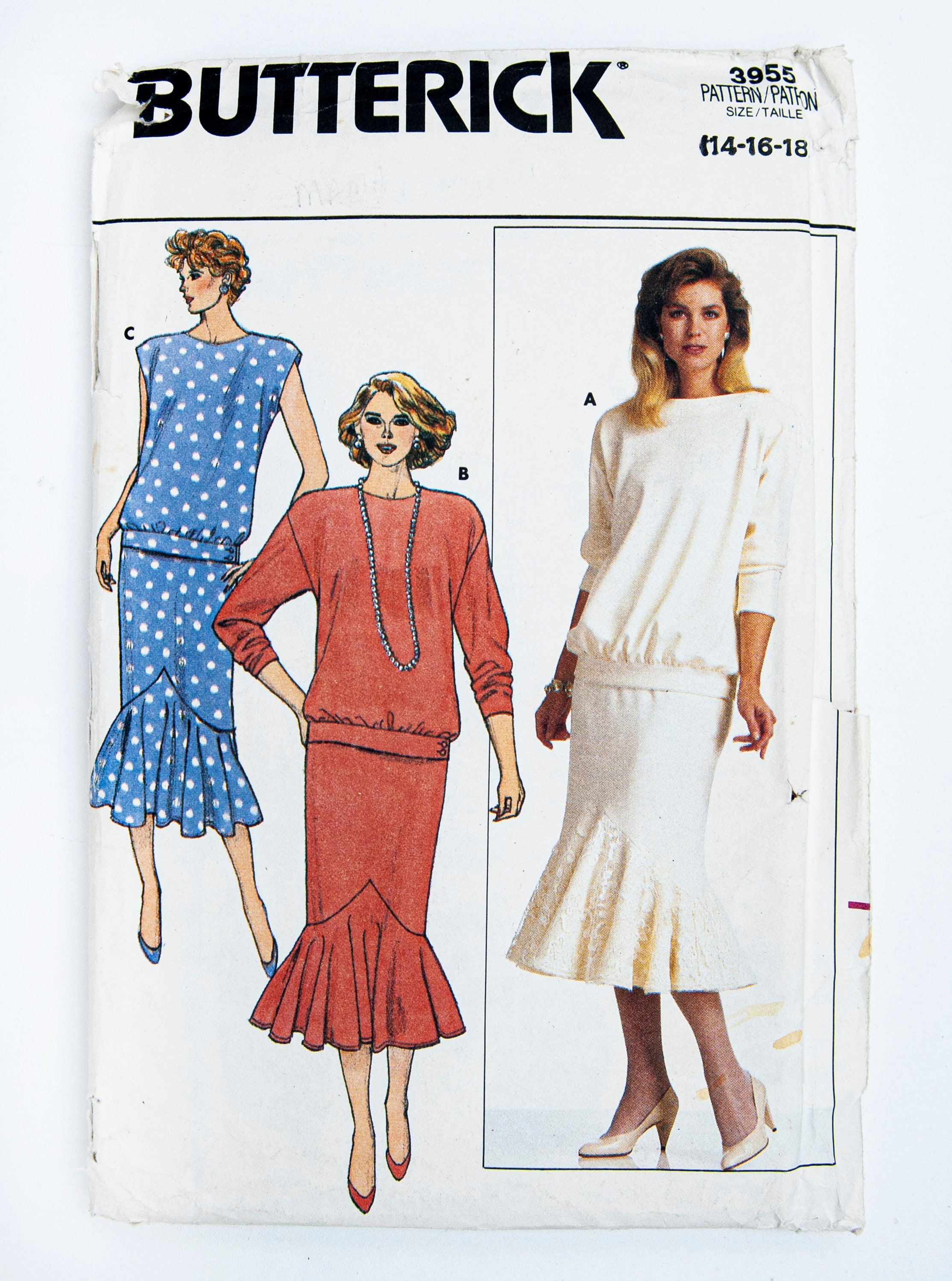 Butterick Sewing Pattern 3955, Vintage Pattern, Misses' Top, Skirt, Size (14-16-18), UNCUT (factory folded), Year 1986